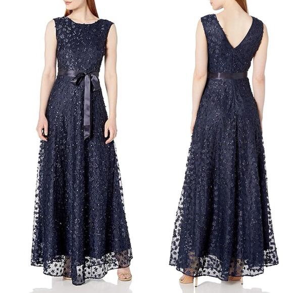 Tahari Midnight Blue 3D Floral Applique Cap Sleeve Ribbon Tie Sash Maxi Gown 6 - Picture 1 of 6